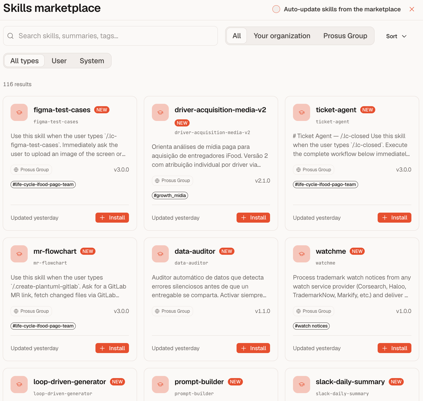 Skills marketplace: browse and install shared skills across your organization and the Prosus Group